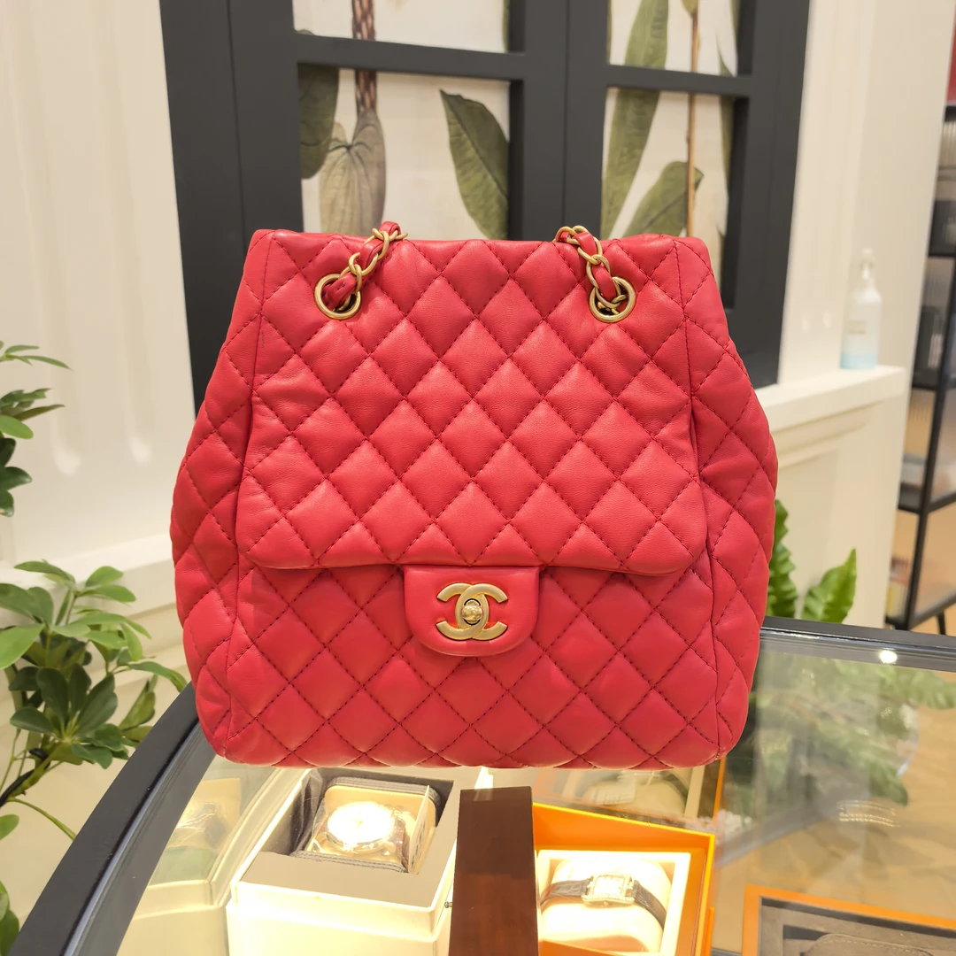 95新 Chanel/香奈儿 蔚蓝/粉红色金扣hobo双链条单肩包
