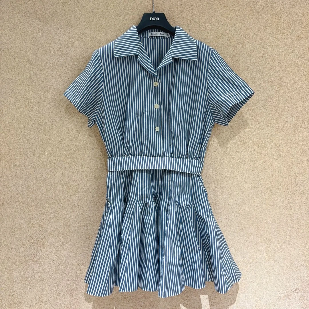 99新 DIOR/迪奥 蔚蓝/条纹衬衫连衣裙裙 女款 白蓝条纹 36码