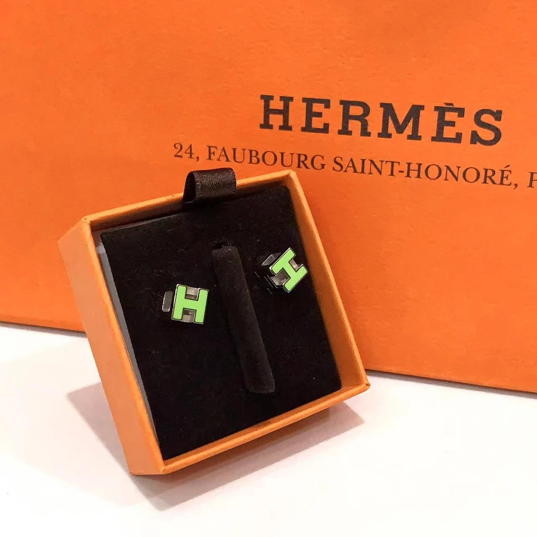 99新 Hermes/爱马仕 蓝总福利/嫩芽绿 mini popH 方形 耳钉