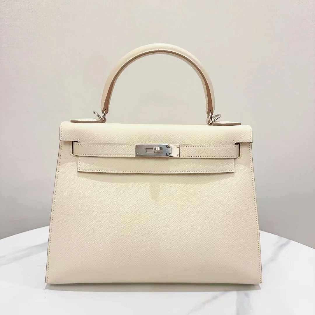 全新未使用 Hermes/爱马仕 蔚蓝/kelly 28奶昔白 银扣 U刻