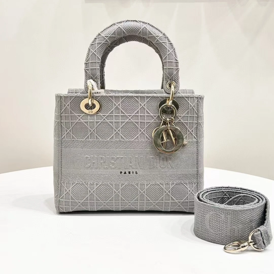 99新 DIOR/迪奥 蔚蓝/D-Lite Logo 岩石灰藤格纹刺绣 五格戴妃包
