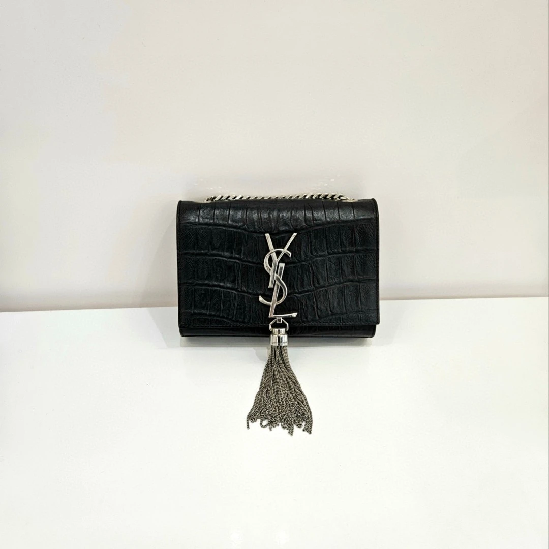 99新 YSL/圣罗兰 蔚蓝/黑色压纹 Kate mini 流苏 链条包