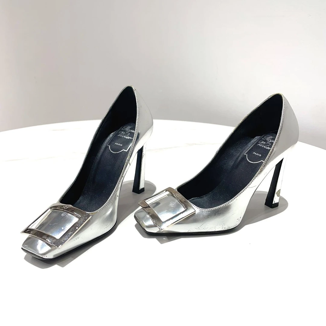 95新 Roger Vivier/罗杰·维威耶 蔚蓝中古/方头金属扣高跟鞋 34码