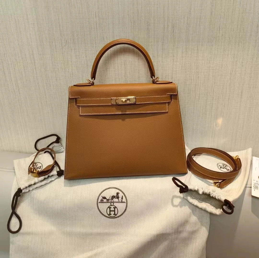 全新未使用 Hermes/爱马仕 蔚蓝/kelly 25 金棕金扣 单肩包/ Y刻