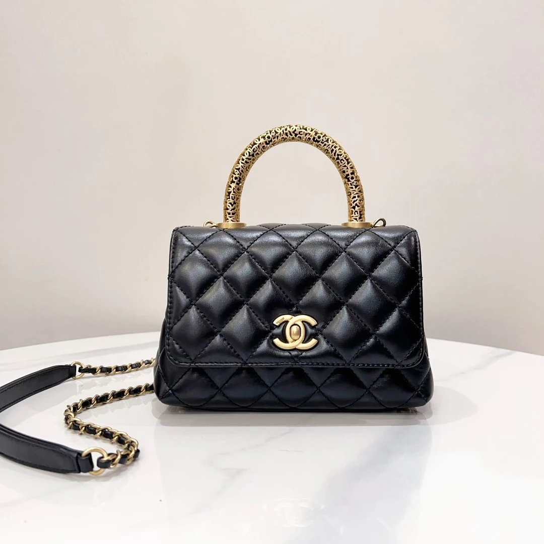 99新 Chanel/香奈儿 蔚蓝/22A浮雕 cocohandle mini 黑金羊皮