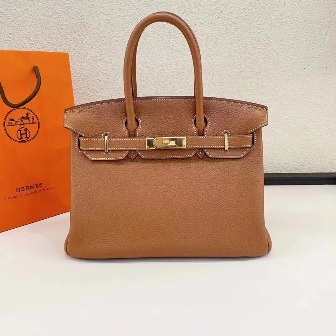 99新 Hermes/爱马仕 蔚蓝/金棕 金扣 birkin 30 框O刻