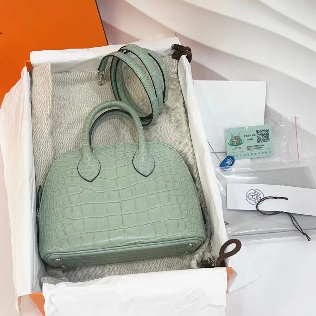 全新未使用 Hermes/爱马仕 蔚蓝/薄荷绿mini bolide 雾面鳄鱼U刻