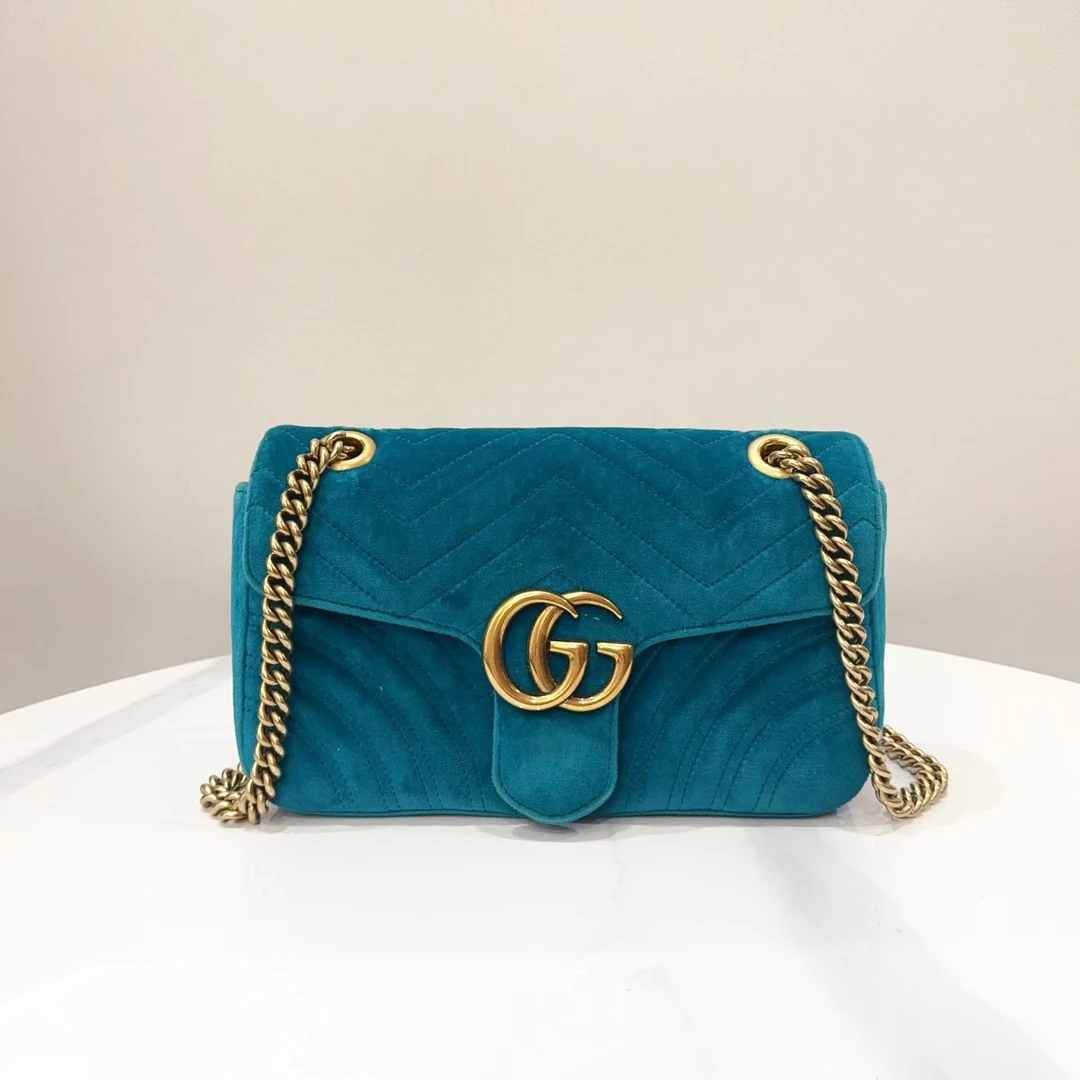 95新 GUCCI/古驰 蔚蓝/孔雀蓝 丝绒 marmont 马蒙26 链条包  98新