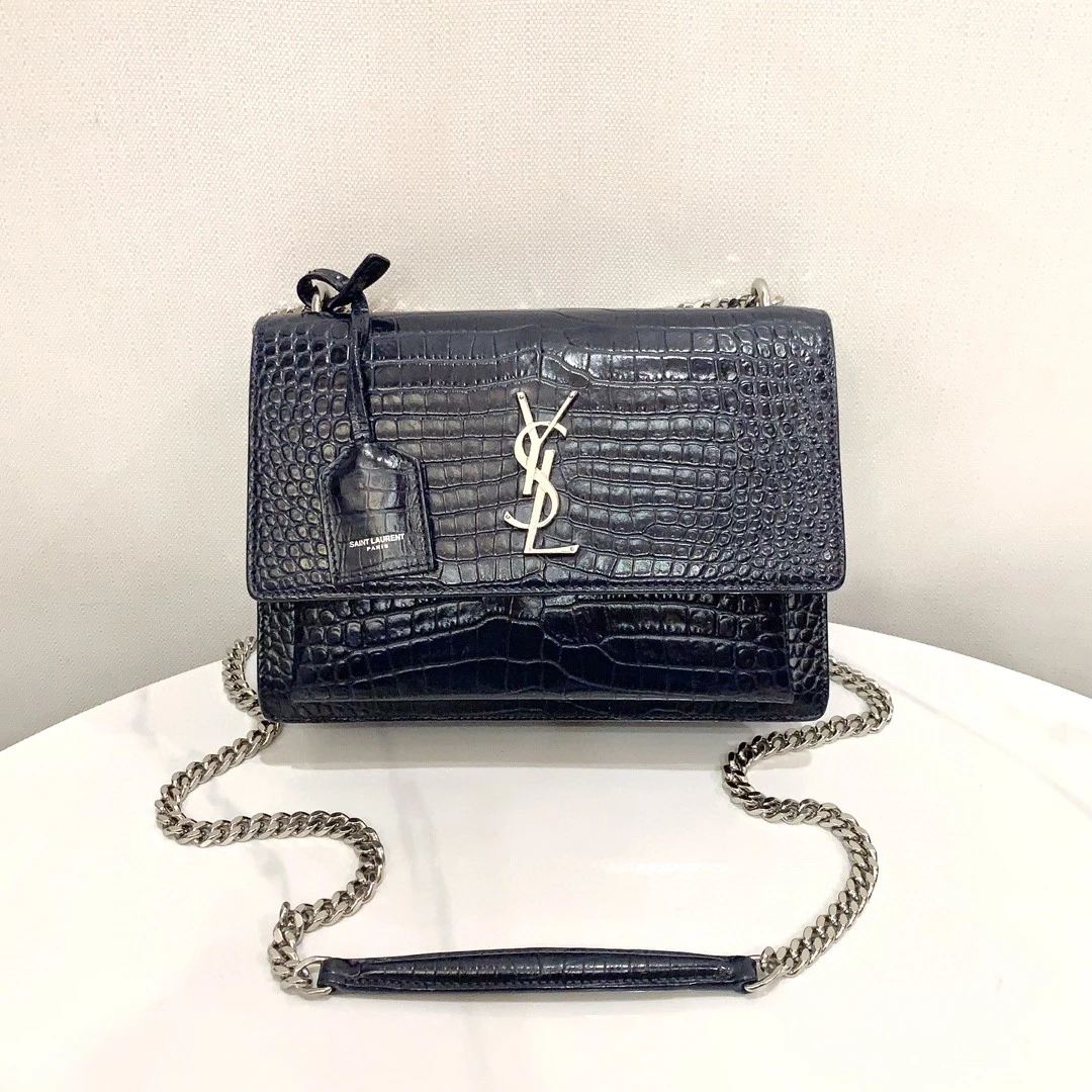 99新 YSL/圣罗兰 蔚蓝/深蓝色 鳄鱼压纹 银扣 小号 日落