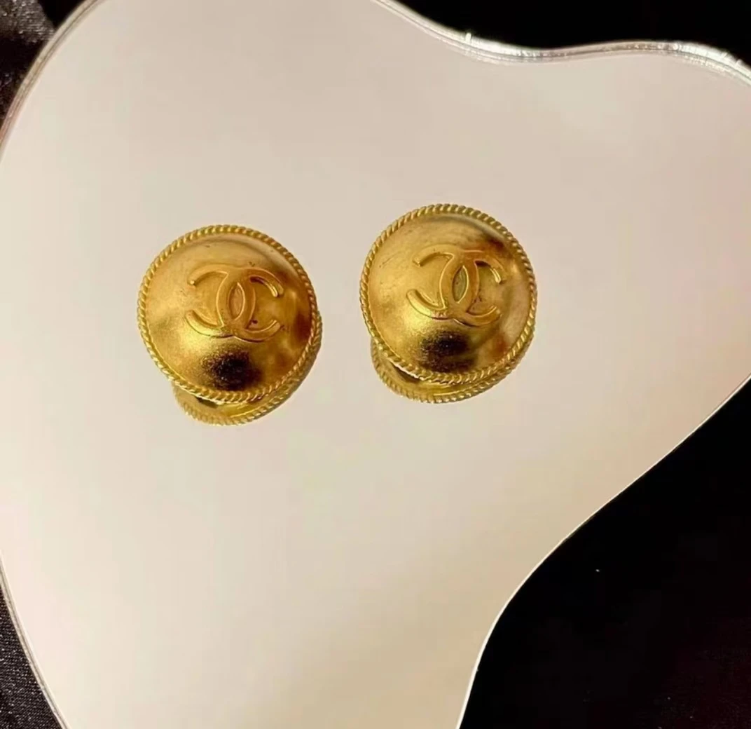95新 Chanel/香奈儿 蔚蓝/金色 圆环 复古 中古款耳夹