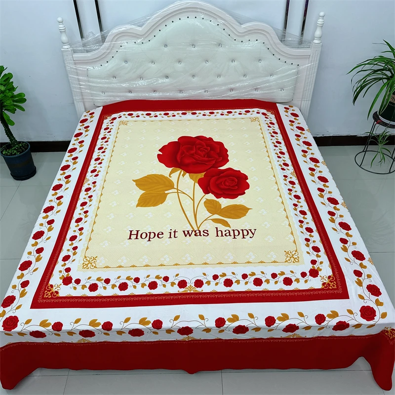 两枝玫瑰传统中国风加厚亲肤印花双人床通用2.3米x2.4米四季床单