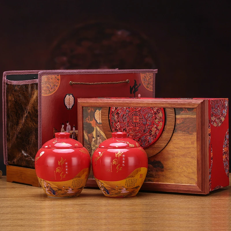 中式高档木质茶叶包装礼盒散装普洱金骏眉大红袍茶饼盒通用陶瓷罐