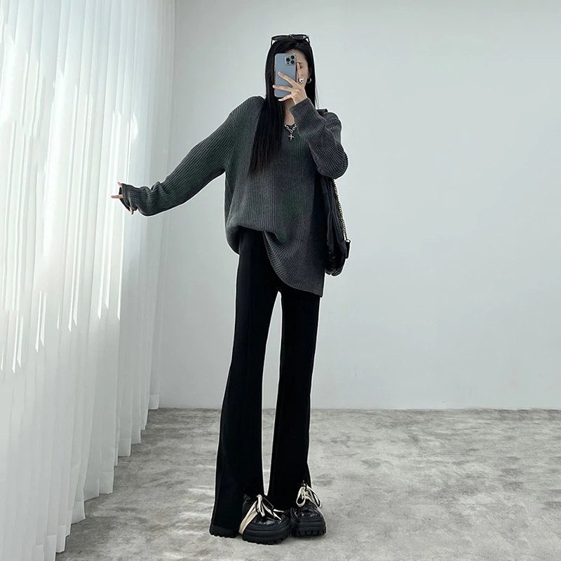 Insane秋冬西装开叉裤女高腰直筒拖地垂感微喇叭裤黑色百搭显瘦裤