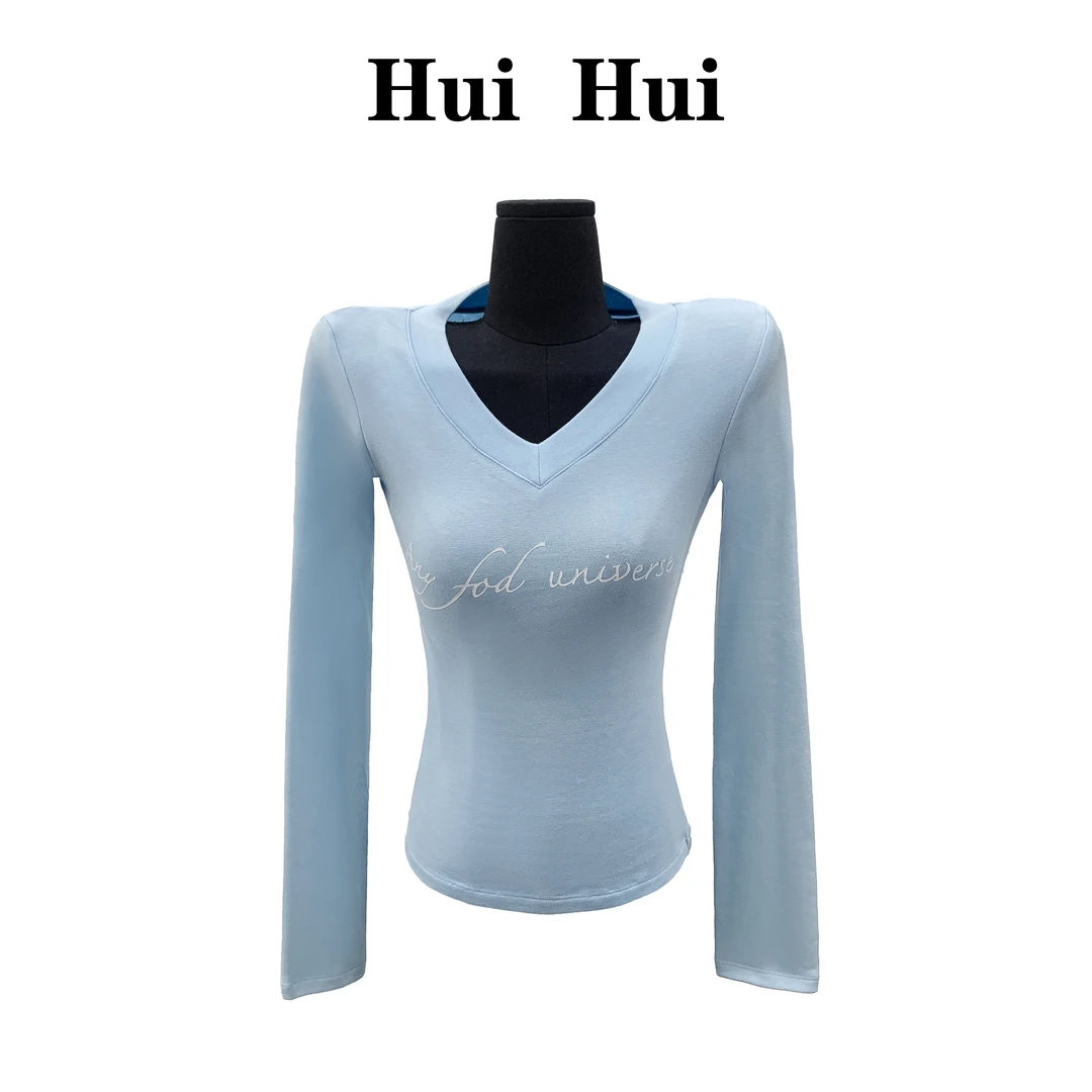 【HuiHui】韩国东大门加绒修身显瘦长袖深V领显胸长袖T恤（A1265)