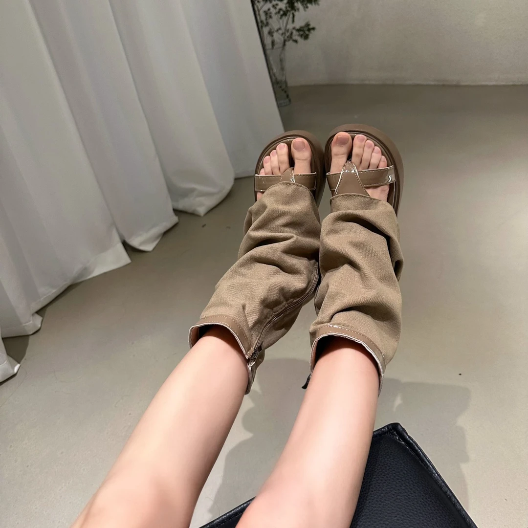 HuiHui【新品推荐】厚底增高裤管靴小众罗马鞋夹脚凉靴凉鞋（A175)