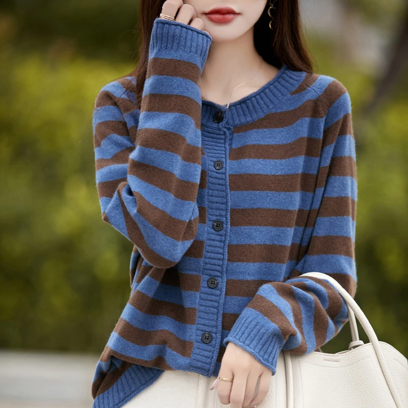 纯羊毛衫女圆领开衫条纹拼色外套韩版宽松大码针织打底衫长袖毛衣