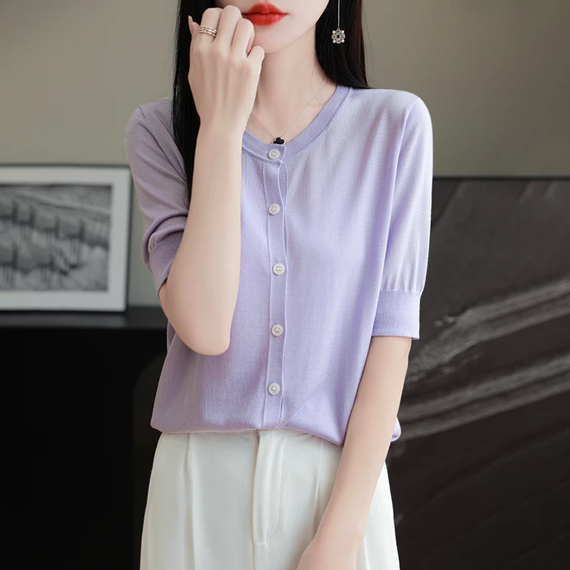 圆领短袖开衫夏季薄款天丝中袖外套宽松显瘦针织打底韩版五分袖
