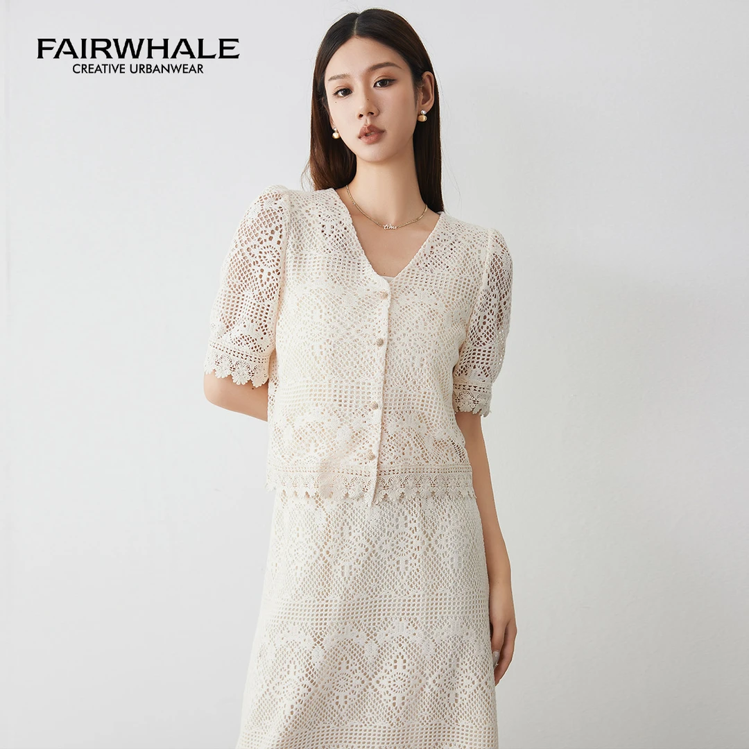 马克华菲中长款女装夏季时尚气质显瘦复古蕾丝法式休闲套装镂空
