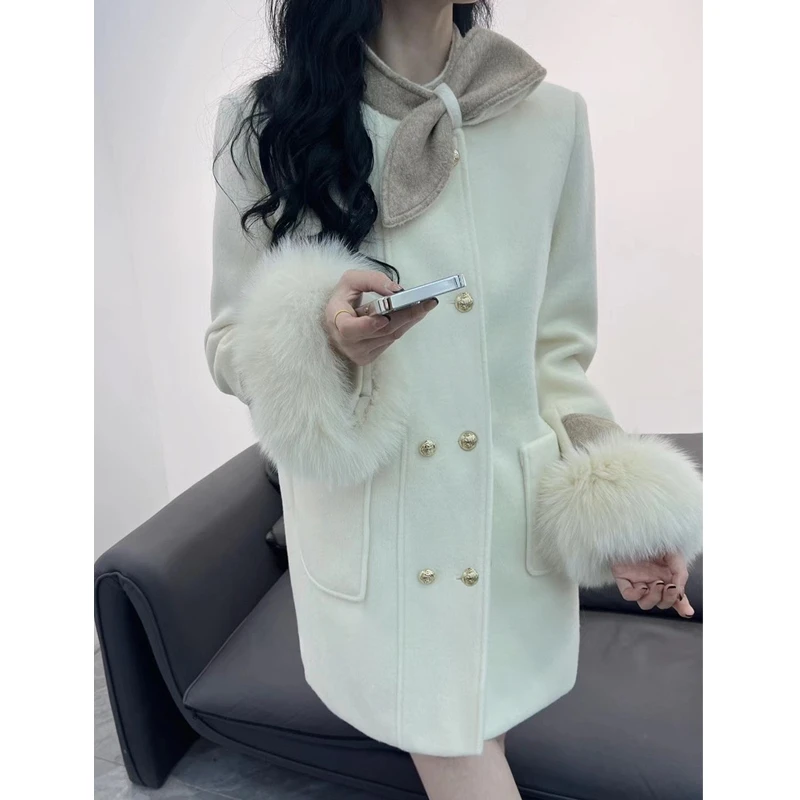【24169】撞色领结可拆卸毛毛袖中长款毛呢外套女