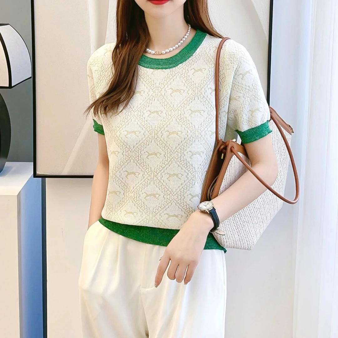 【金丝小马】绵羊毛针织新款气质短袖T恤女针织衫夏季上衣蕾丝显瘦