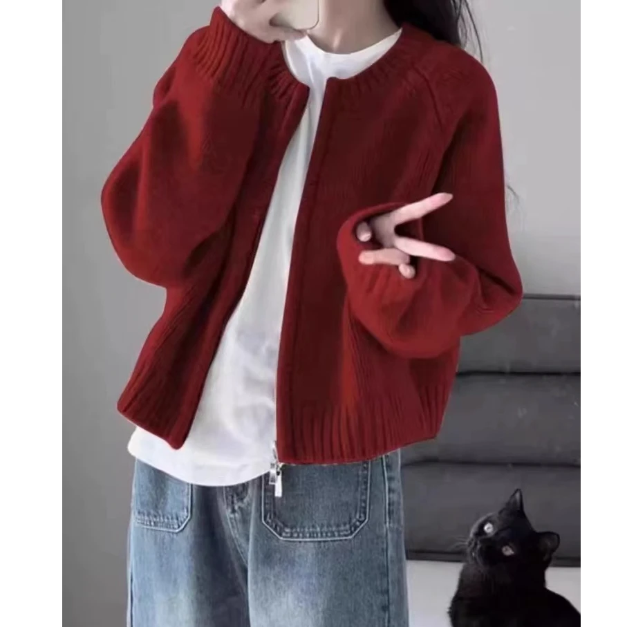 【新年红色】针织毛衣外套中国欧货圆领双拉链短款粗针织红色毛衣