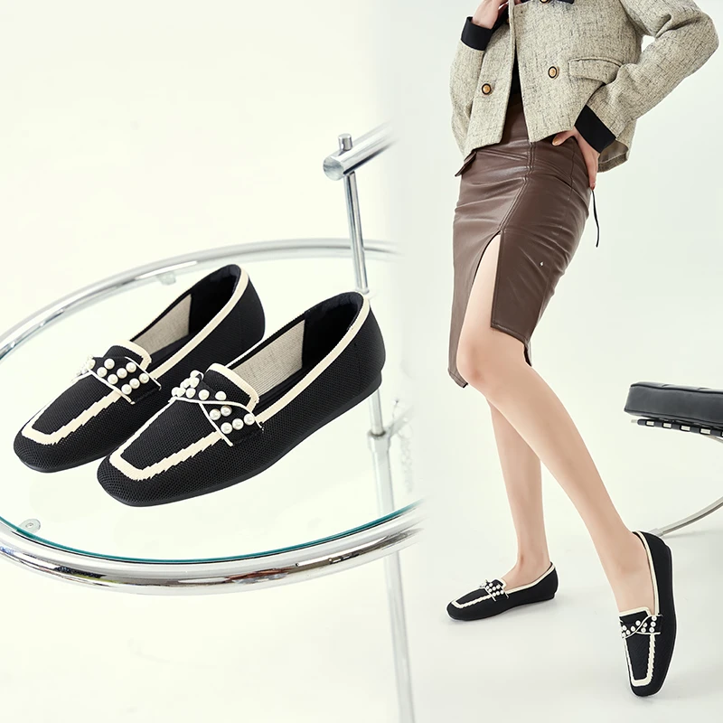 新款百搭韩版秀气时尚编织浅口平底小方头女鞋妈妈鞋乐福鞋女