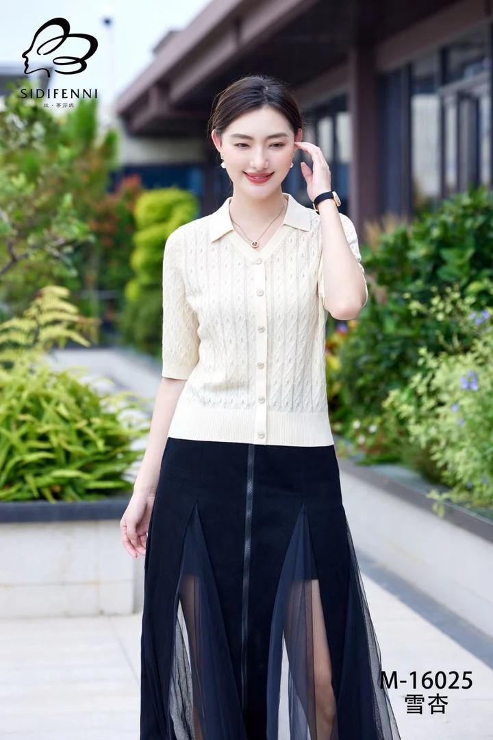 丝蒂芬妮M-16025正品2024秋季气质时尚中袖翻领显瘦天丝针织衫女