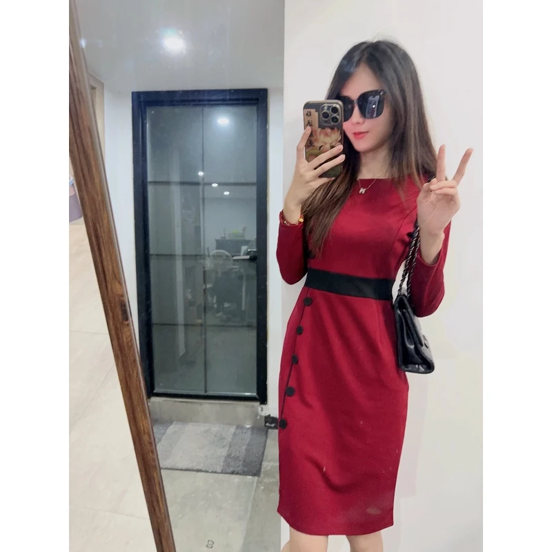 【奥利薇】新款拼色圆领钮扣收腰开叉显瘦气质名媛连衣裙礼服