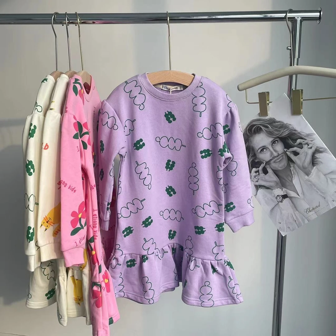 小葵童装女孩满印猫咪新款儿童印花长袖卫裙连衣裙女宝可爱-A47