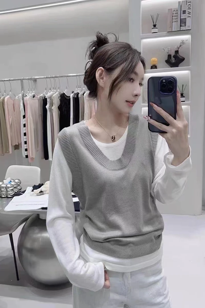 超细羊~内搭外穿出街穿搭长袖假两件针织上衣 5006