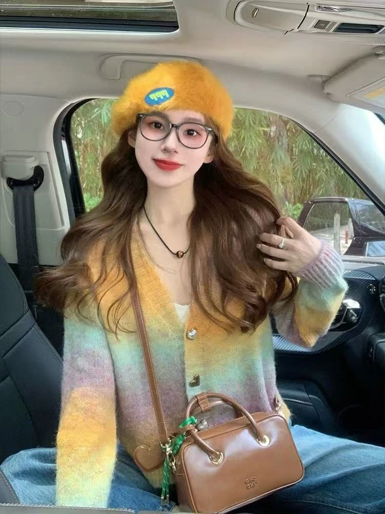 胸92-180长52渐变色毛衣女设计感针织开衫外套高级感上衣  6918