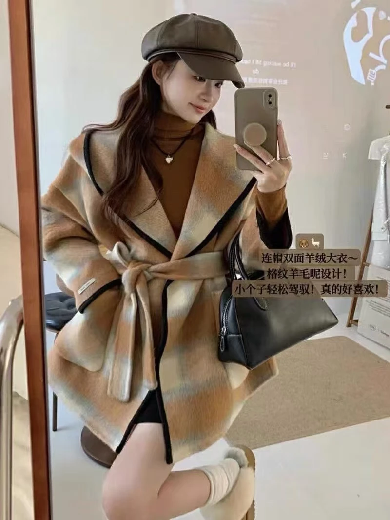 MK S长78韩系格纹慵懒羊毛大衣连帽收腰显瘦外套 6374