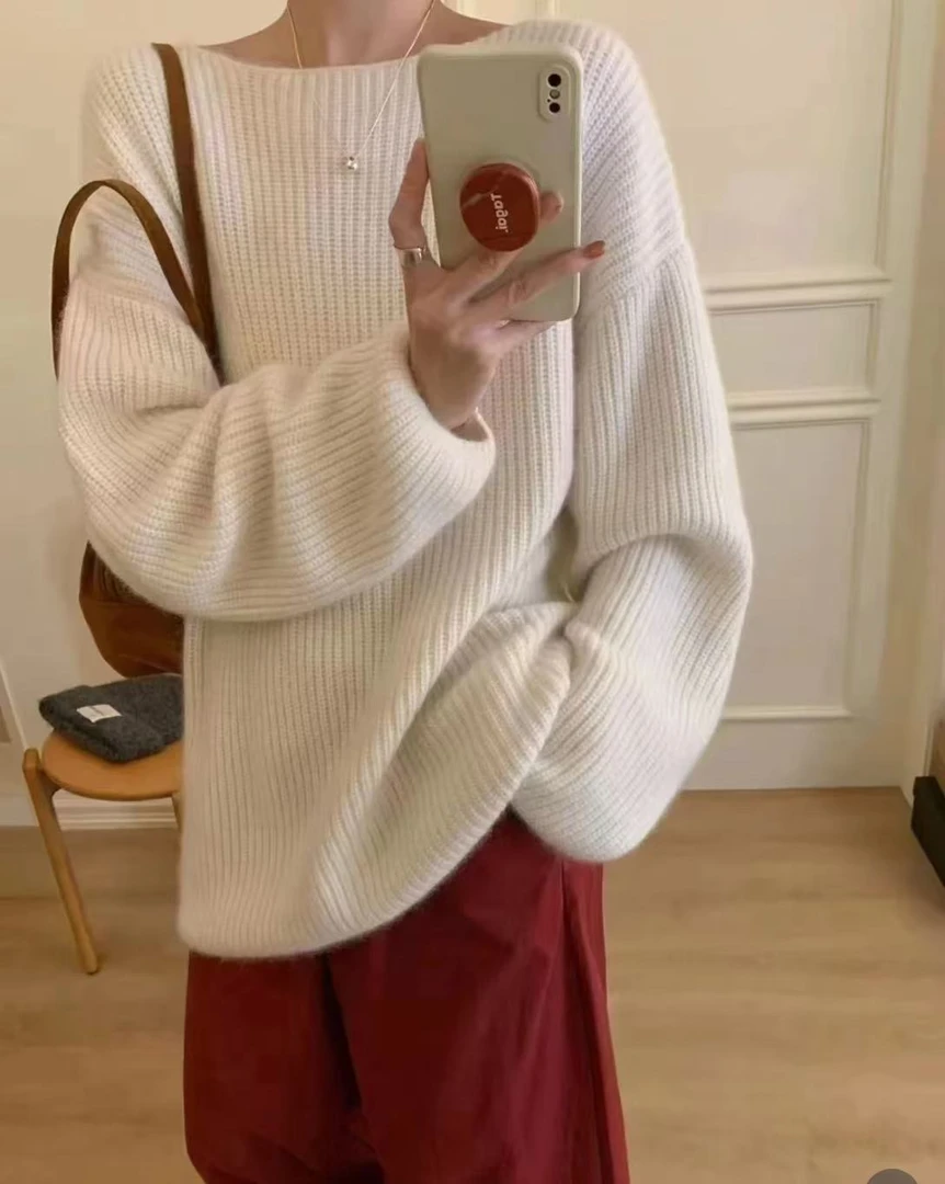 胸120-180长64白色圆领宽松套头毛衣女慵懒风显瘦针织上衣 6533
