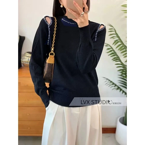 100羊毛~领长袖钉珠设计感气质针织上衣 5577