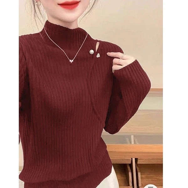 胸78-120长65安克拉红气质穿搭珍珠装饰针织上衣 5612