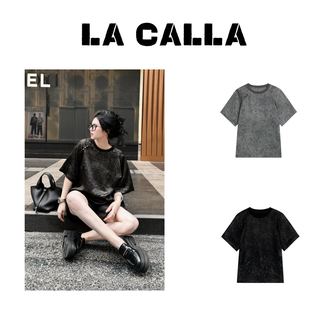 LA CALLA黑银曜新中式黑灰色圆领百搭短袖T恤L0926