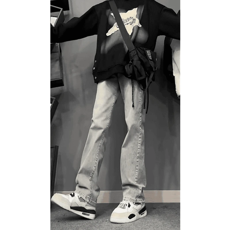 烟灰色牛仔裤男款春秋水洗渐变直筒裤hiphop美式潮牌高街微喇裤子