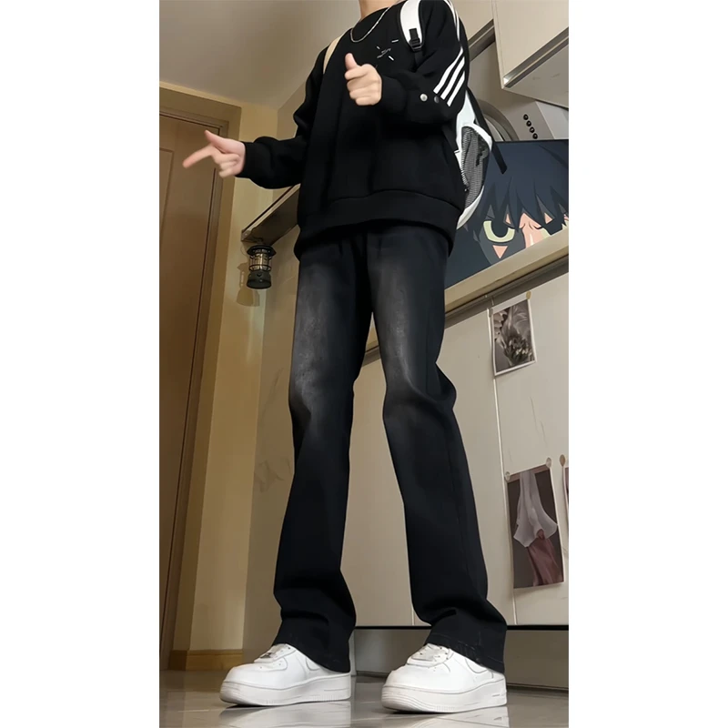 复古黑弹力微喇牛仔裤男秋冬季美式高街加绒直筒裤子修身显瘦长裤