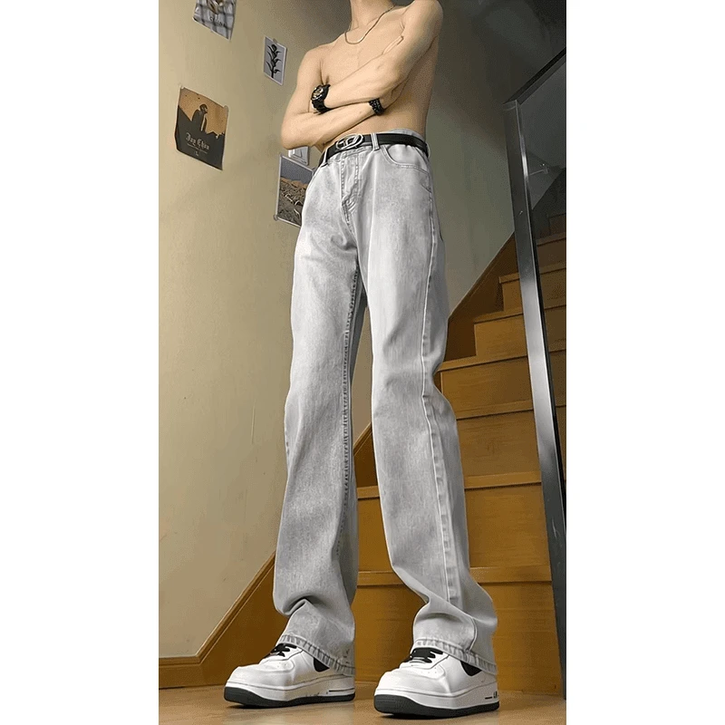 烟灰色渐变牛仔裤男高街美式复古直筒裤潮牌休闲百搭弹力微喇裤子