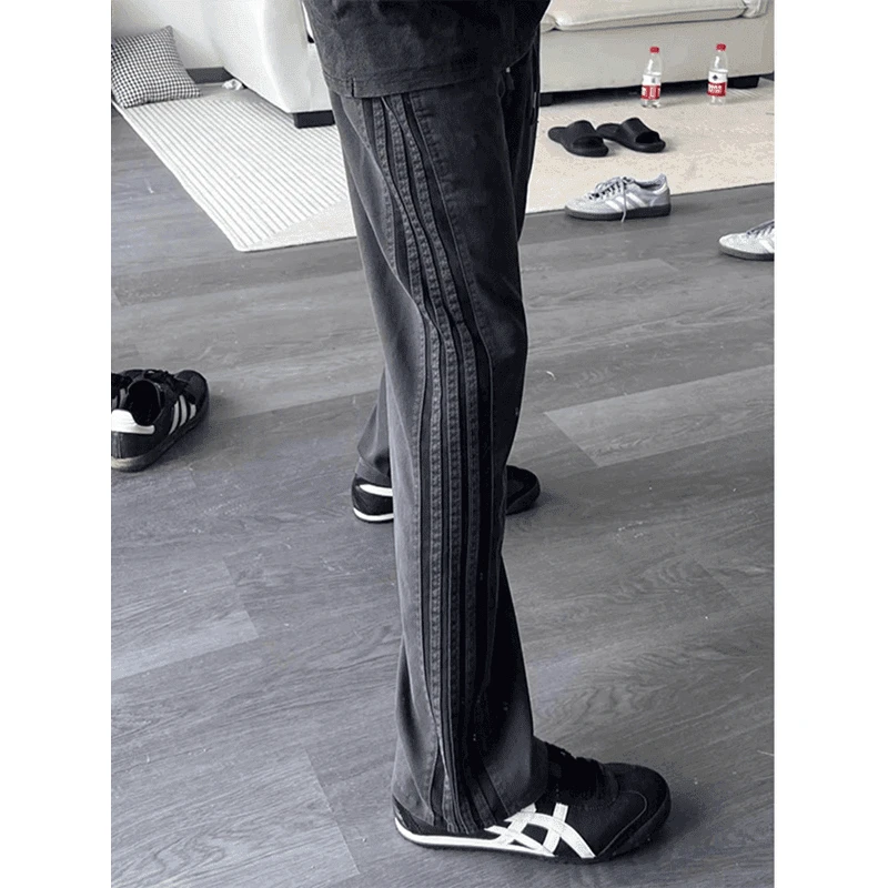 灰色条纹休闲裤男款美式复古高街裤子vibe欧美潮牌休闲直筒运动裤