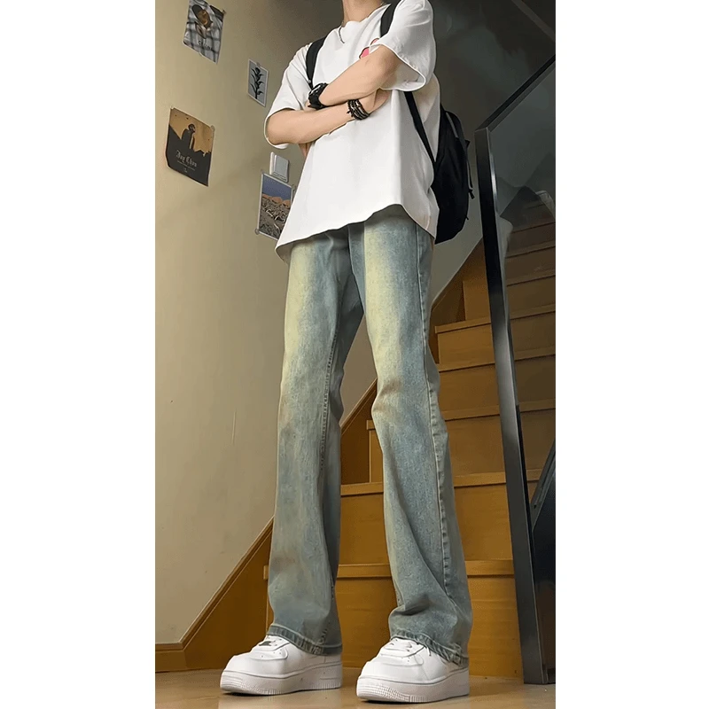 复古蓝水洗渐变牛仔裤男款弹力修身显瘦直筒长裤美式高街潮牌裤子