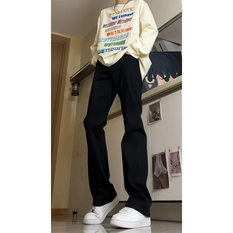 黑色弹力弯刀微喇牛仔裤男款美式高街显瘦裤子潮牌窄版修身直筒裤