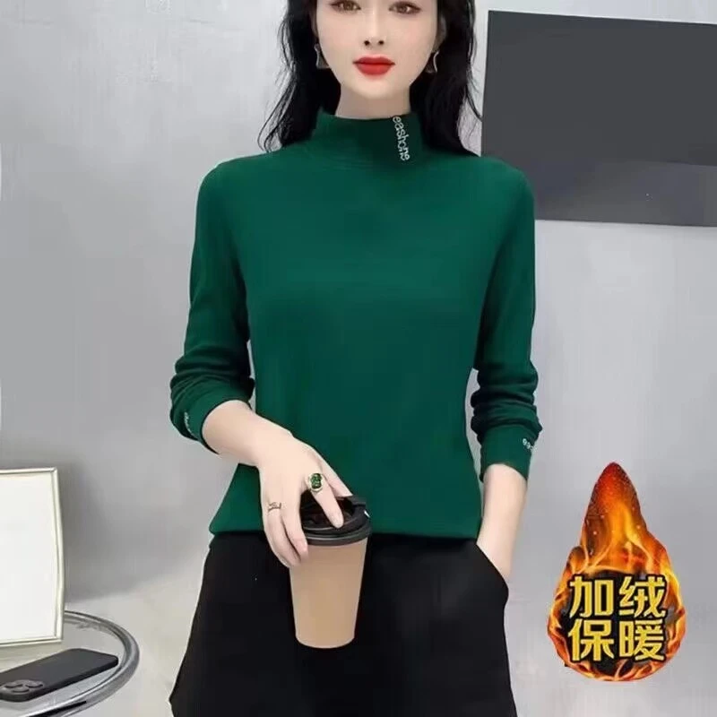 2024冬季新款刺绣半高领加绒时尚洋气百搭显瘦内搭女士打底衫