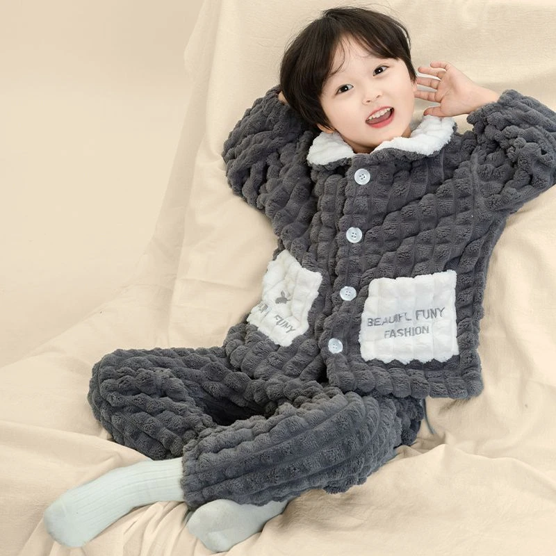 秋冬季儿童法兰绒睡衣男童男孩中大童珊瑚加厚保暖宝宝家居服套装