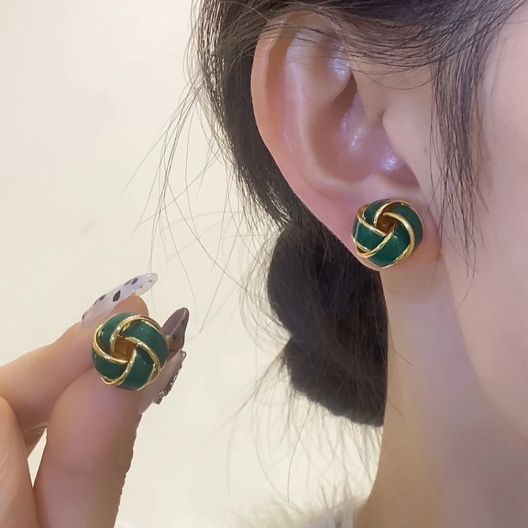 铜合金耳饰 绿色耳环几何编织时尚气质小巧百搭耳饰