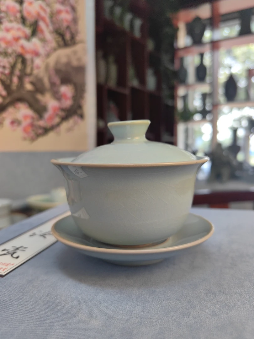 汝州汝窑汝瓷,天青开片可养线,三才盖碗,100毫升