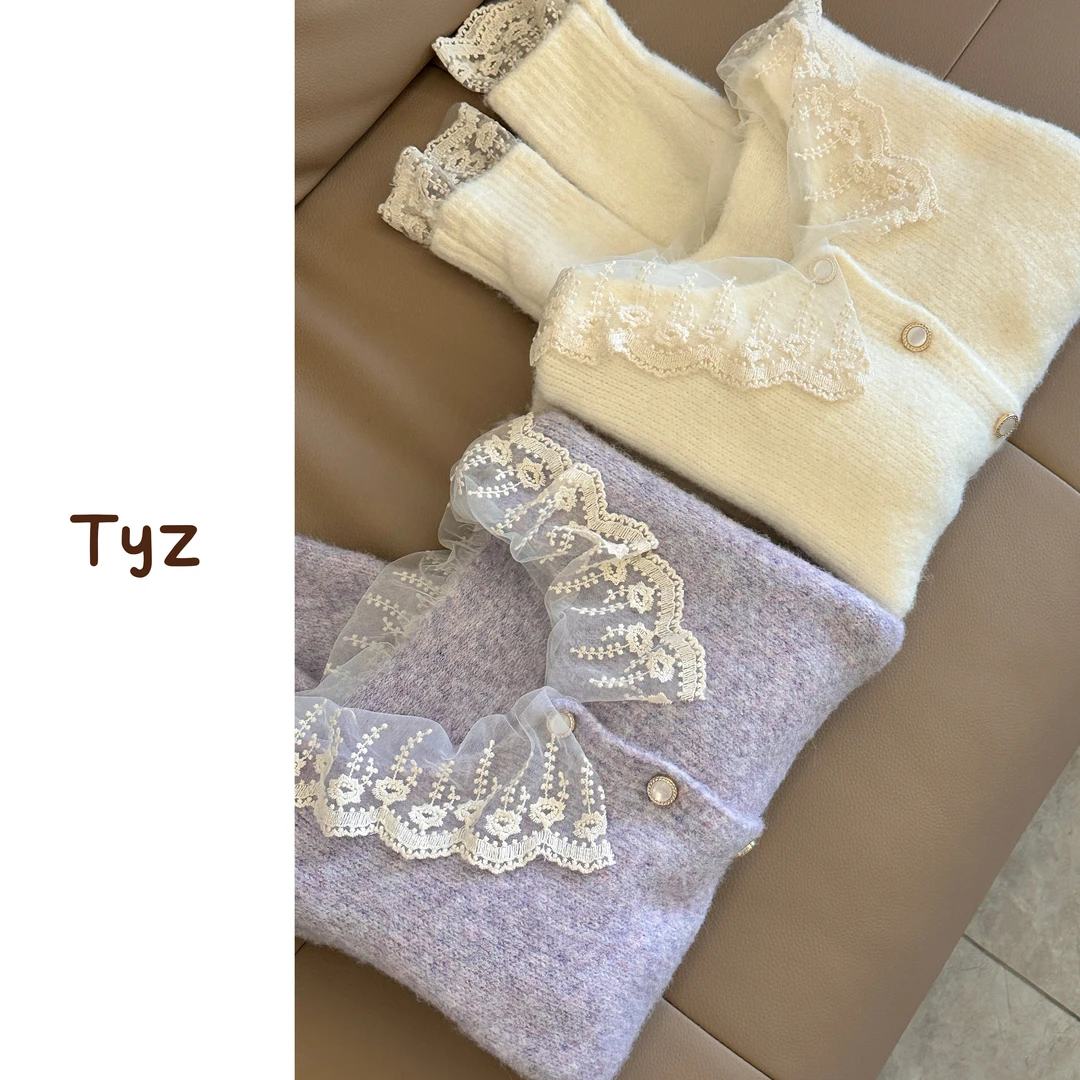 秋冬法式温柔混纱淑女风蕾丝拼接娃娃领长袖上衣开衫毛衣