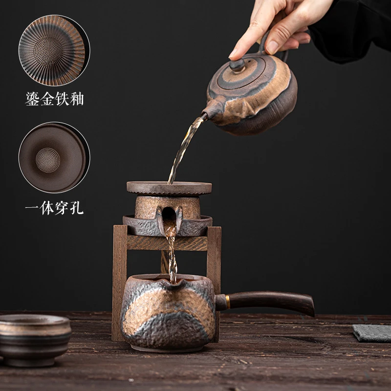 老岩泥高台过滤组 陶瓷过滤孔鸡翅木架子 茶叶过滤茶隔茶漏架