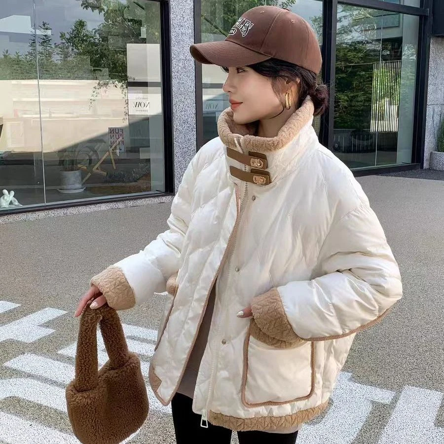 拼接羽绒服女2023冬装新款学院风ins设计感加厚白鸭绒外套