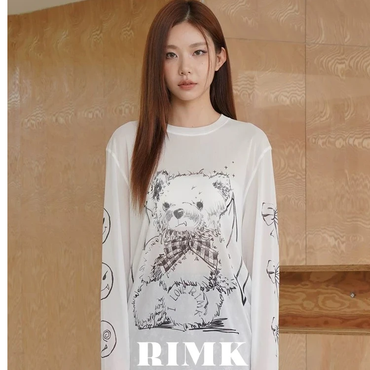 【RIMK】屁酒花同款素描恶魔小熊印花长袖T恤女装夏季宽松上衣